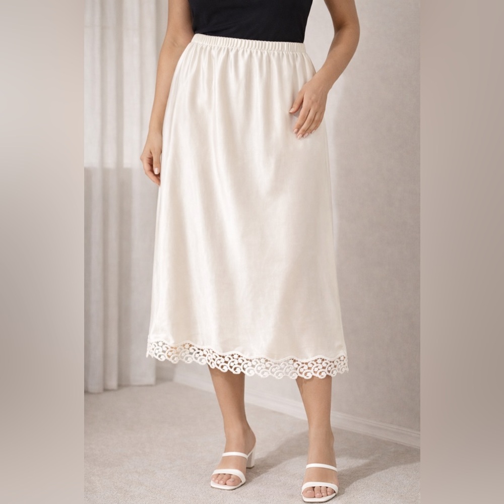 Vintage 90s St Michael Marks & Spencer Satin Slip Skirt UK Ivory Lace Hem 14